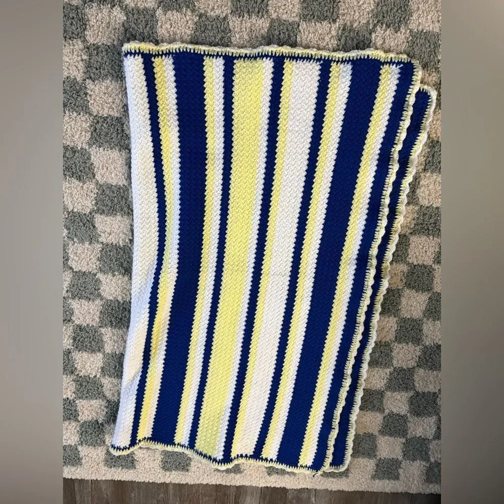 VTG Crochet Afghan Chevron Striped Blue Yellow Blanket Throw Michigan Football